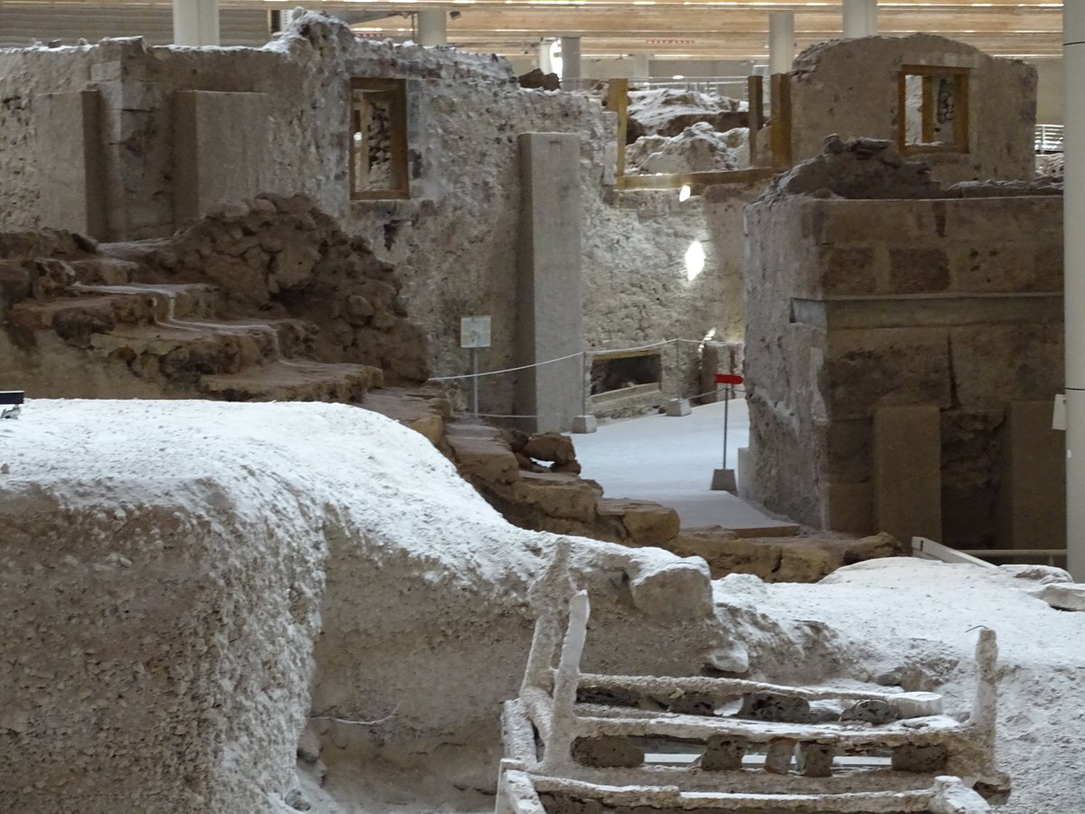 The Akrotiri archaeological excavation showing preserved Bronze Age multi-storey buildings