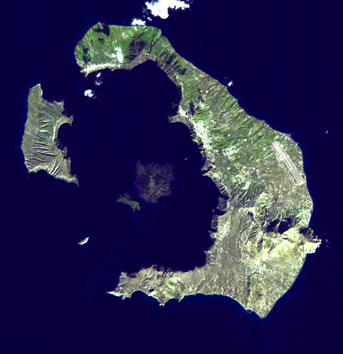 NASA ASTER satellite image of Santorini showing the flooded caldera