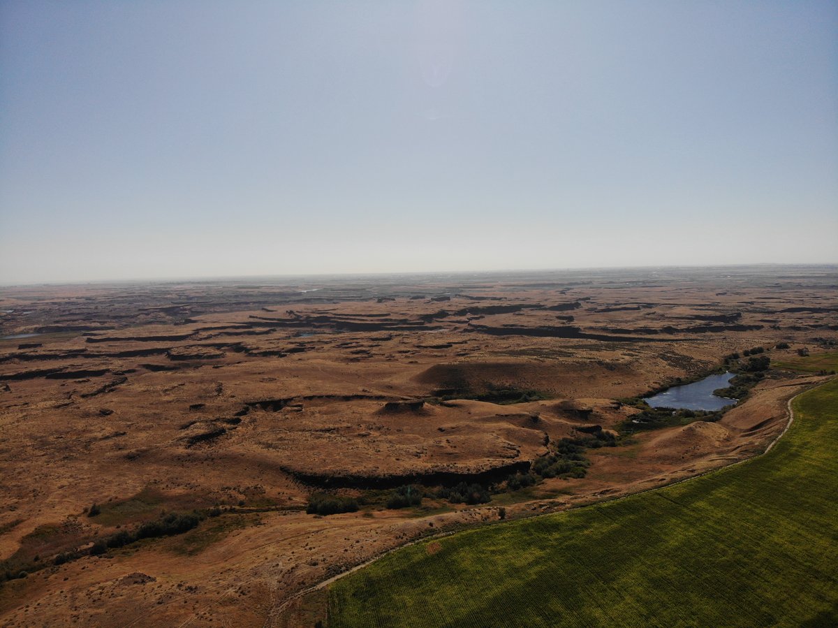 Aerial view of the Channeled Scablands in central Washington, showing basalt channels and potholes