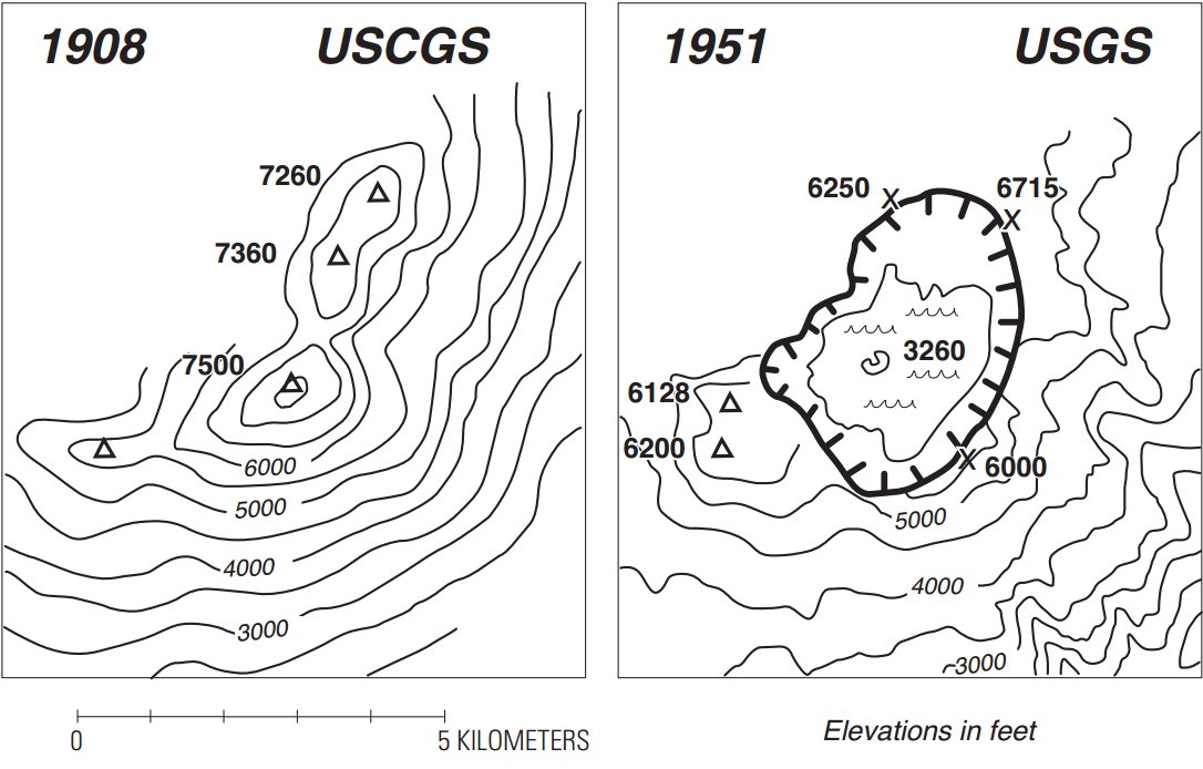 Diagram showing the Katmai caldera before and after surveys, USGS
