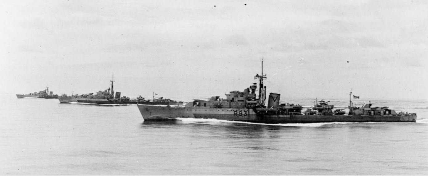British destroyers HMS Virago, Venus, and Vigilant in the Strait of Malacca during Operation Mitre, 1945