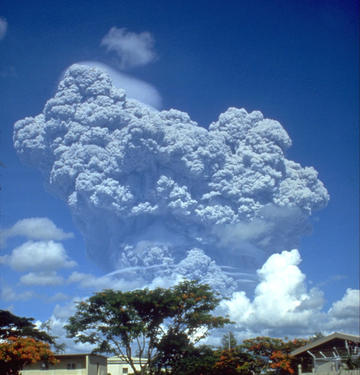 The towering eruption column of Mount Pinatubo seen from Clark Air Base, June 12, 1991