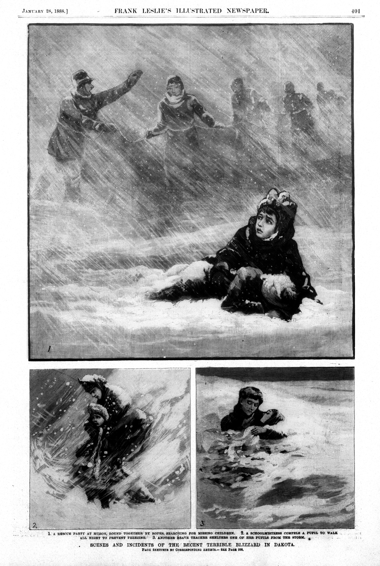 Contemporary newspaper illustrations of the Schoolhouse Blizzard, Frank Leslie's 1888