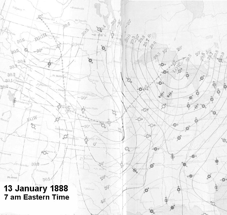 U.S. Signal Corps surface analysis map for January 13, 1888