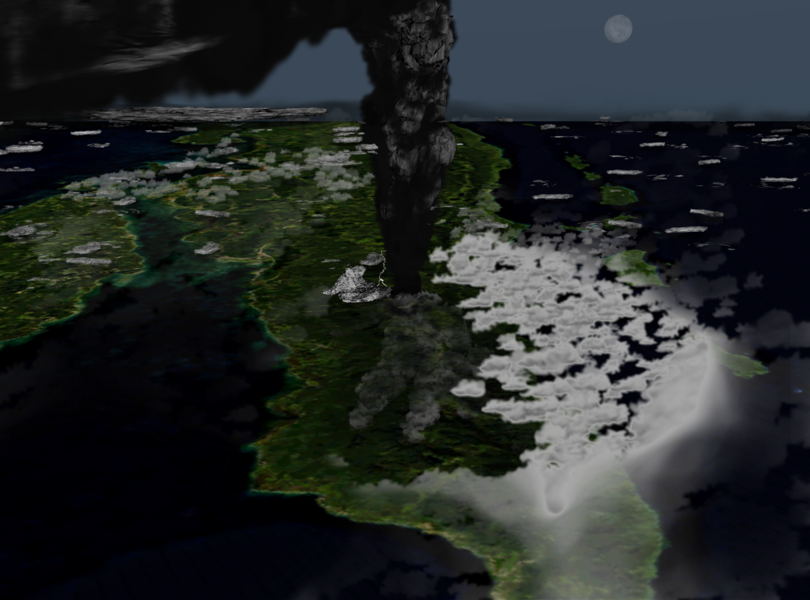 Illustration of the Toba eruption column as viewed from 42km above northern Sumatra
