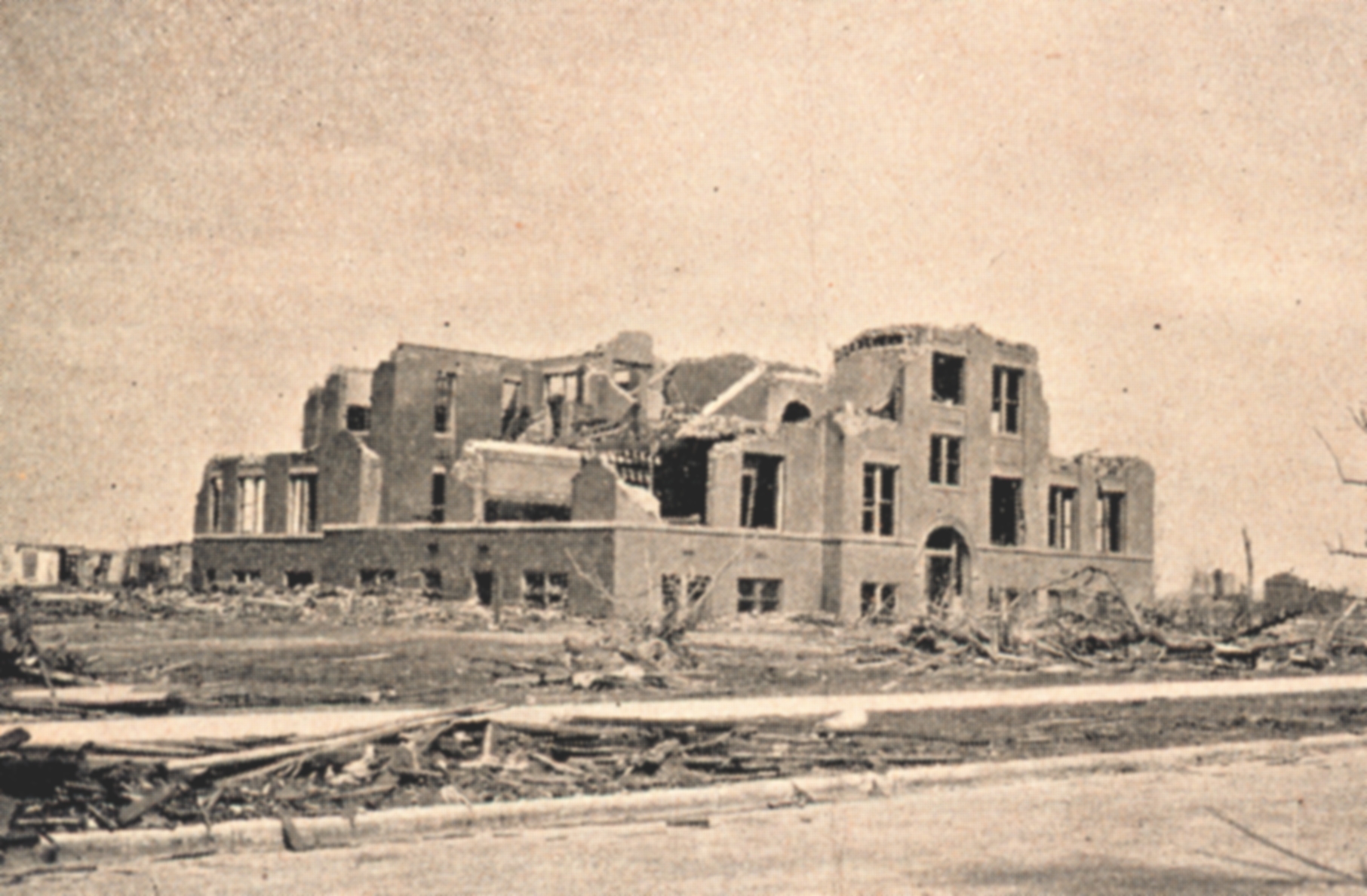 Debris-covered ruins of the Longfellow School in Murphysboro, Illinois, after the 1925 Tri-State Tornado
