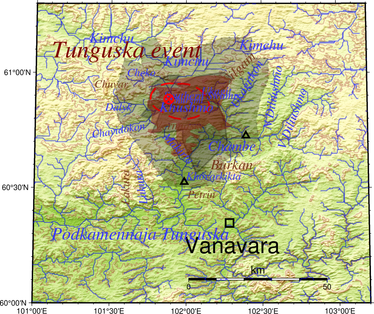 Map showing the zones of destruction from the Tunguska explosion, with radial tree-fall pattern