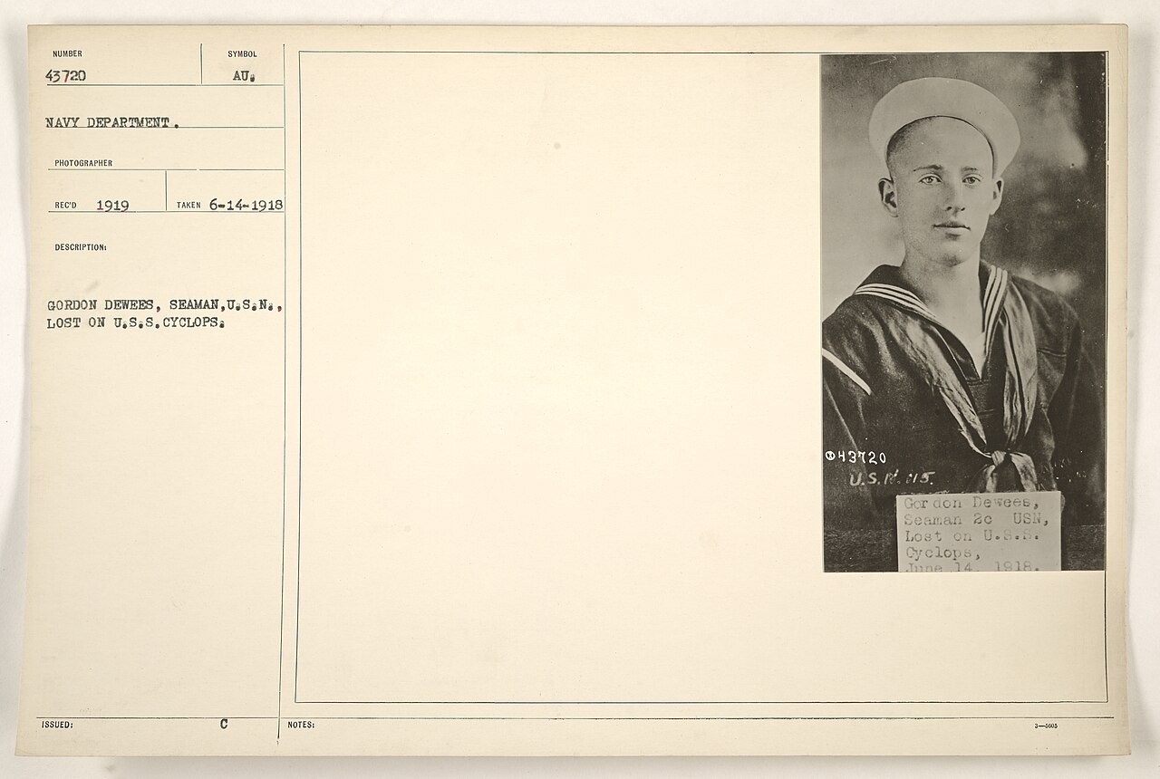 Navy Department casualty record card for Gordon Dewees, Seaman, lost on USS Cyclops, June 14, 1918