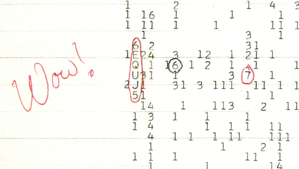 The original WOW! Signal computer printout with Jerry Ehman's red pen annotation