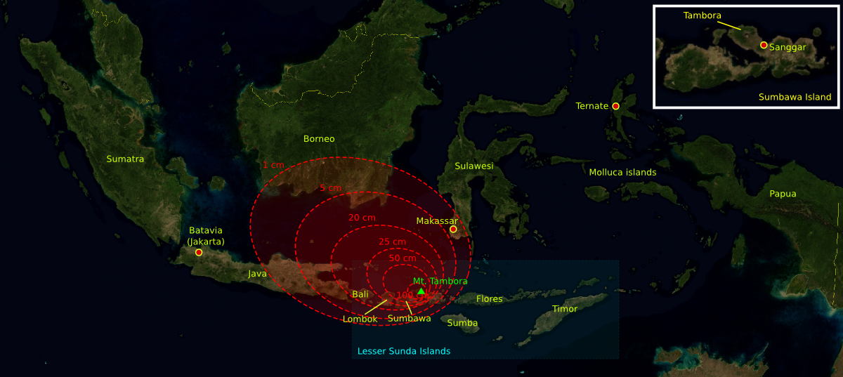 Map showing the distribution of volcanic ash from the 1815 Tambora eruption across Southeast Asia