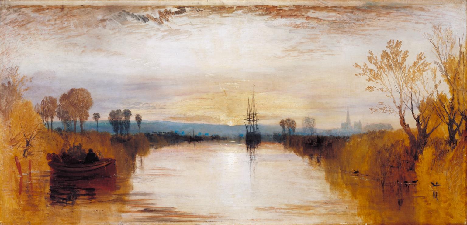 J.M.W. Turner's Chichester Canal, painted c.1828, showing a vivid reddish-orange sky