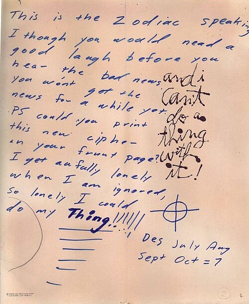 The Dripping Pen Card sent by the Zodiac Killer to the San Francisco Chronicle with the Z340 cipher